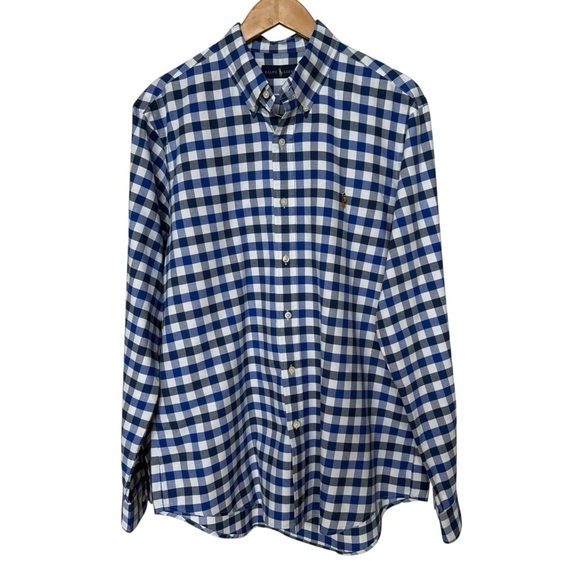 Ralph Lauren Men's L Blue Checkered Long Sleeve Button-Down Shirt Casual Cotton - Picture 1 of 9